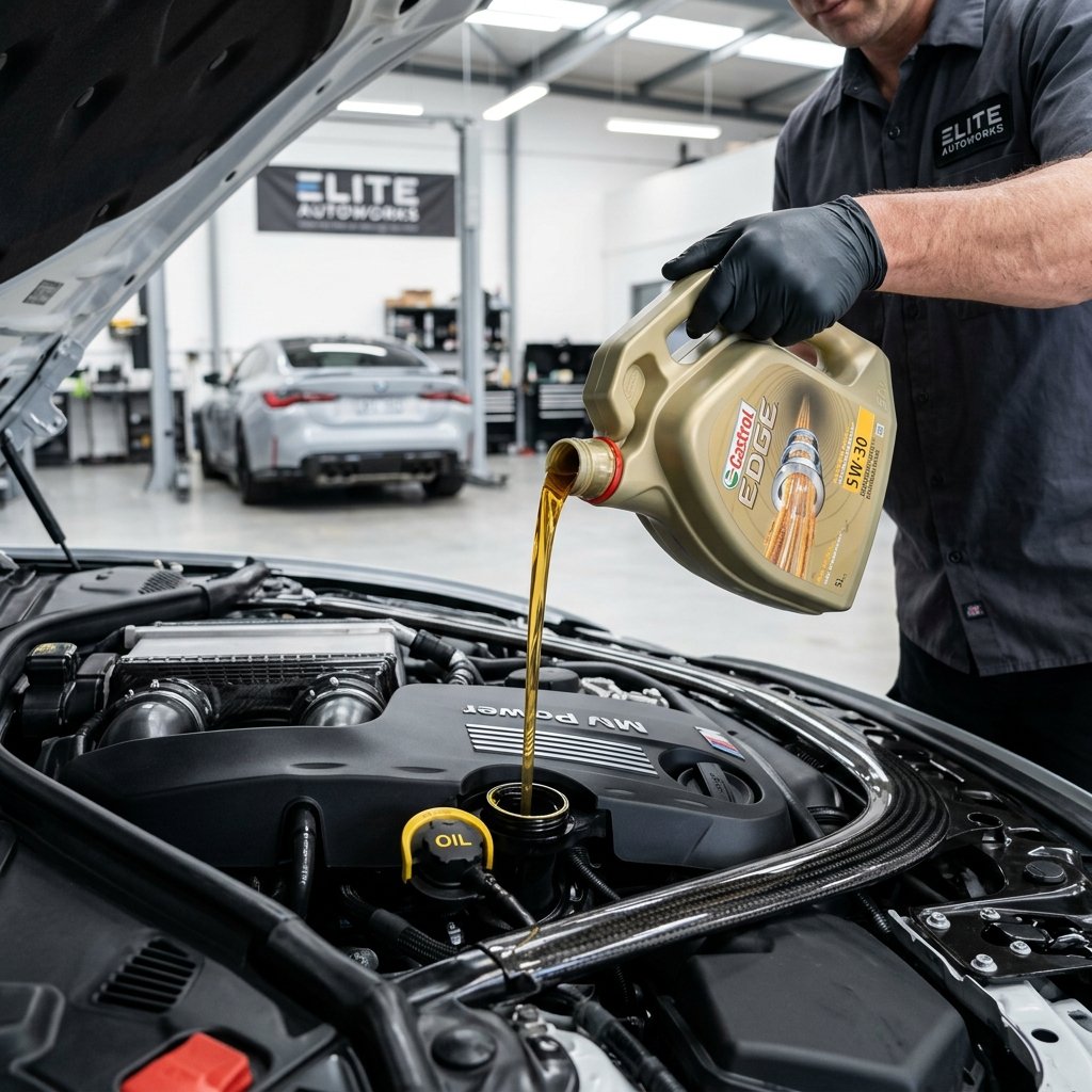Technician pouring golden motor oil